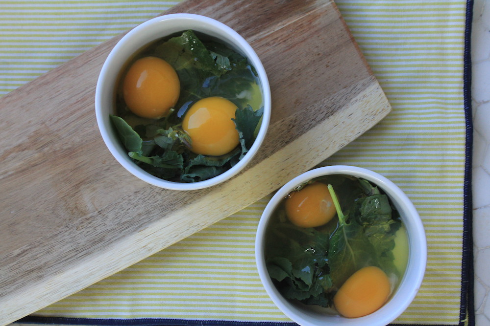 Eggs and Kale ramekin brunch dish Quady wine moscato