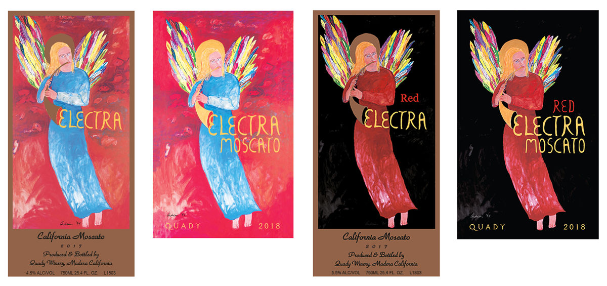Electra Moscato and Red Electra Moscato wine label comparison, the old design VS the new 2018 vintage.