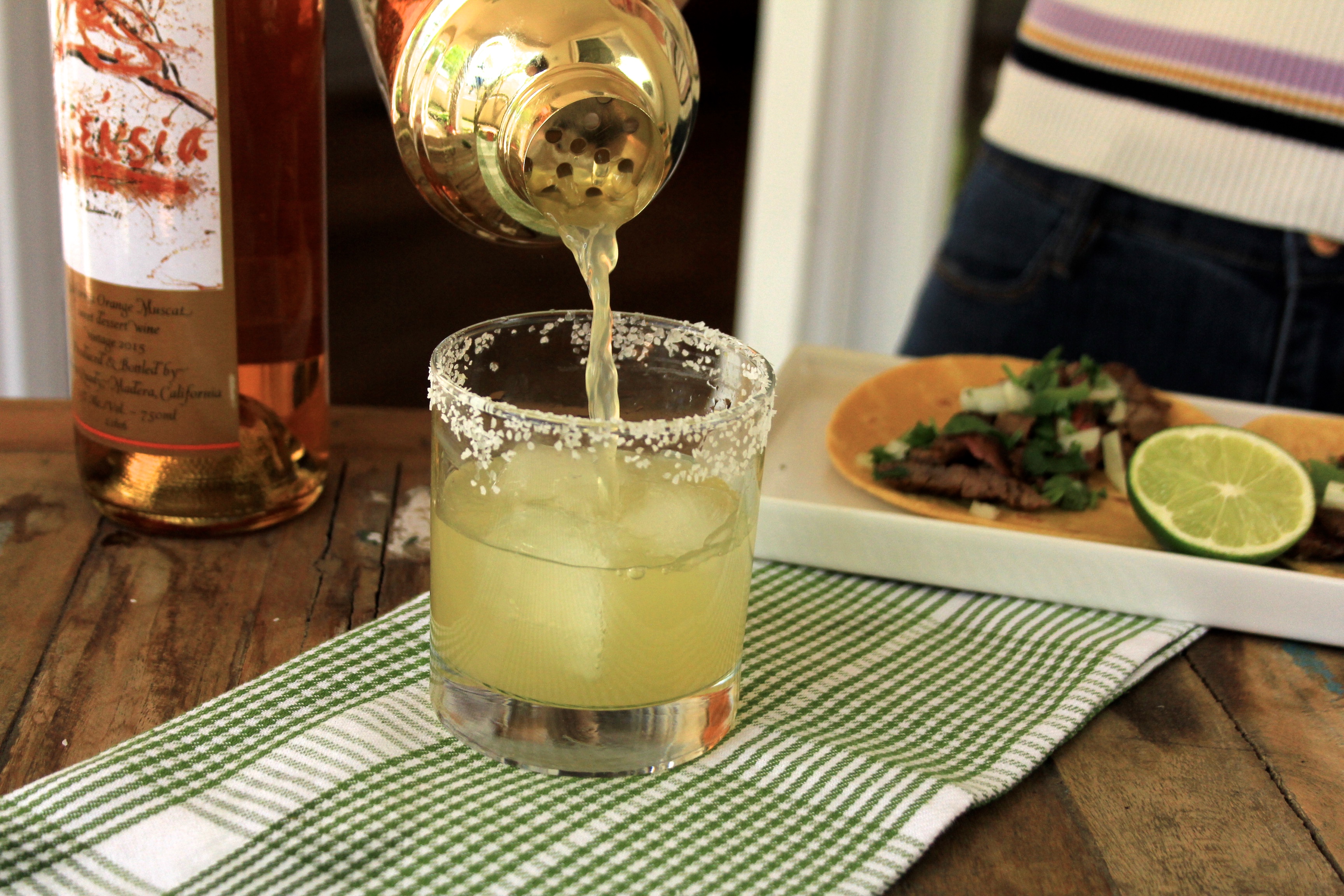 Classic cinco de mayo Margarita recipe using Essensia Orange Muscat Wine paired with Classic Carne Asada tacos