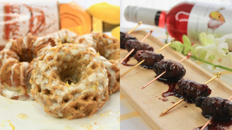 Elysium Black Muscat dessert wine and Essensia Orange Muscat dessert wine for Spring Brunch with bottles next to various paired dishes.
