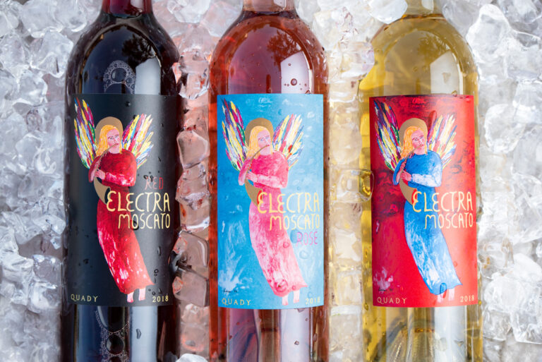 Electra Moscato, Red Electra Moscato and the new Electra Moscato Rosé next to each other on ice.