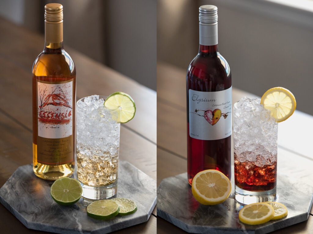 Split pictures of Quady Winery's Essensia Hard Seltzer and Elysium Hard Seltzer wine cocktail recipes