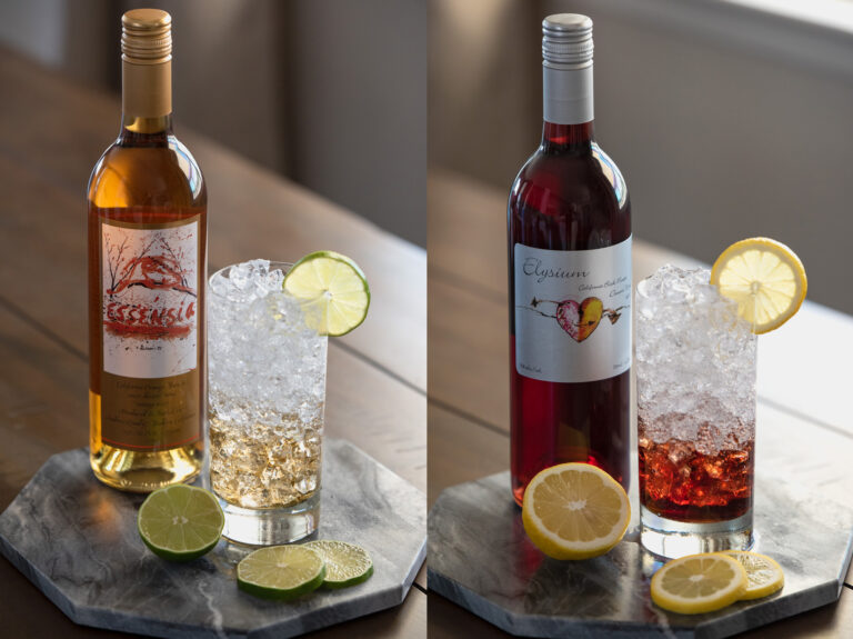 Split pictures of Quady Winery's Essensia Hard Seltzer and Elysium Hard Seltzer wine cocktail recipes