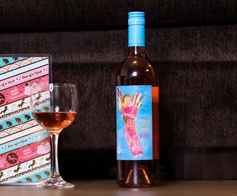 A bottle and glass filled with Quady Winery's new Electra Moscato Rosé