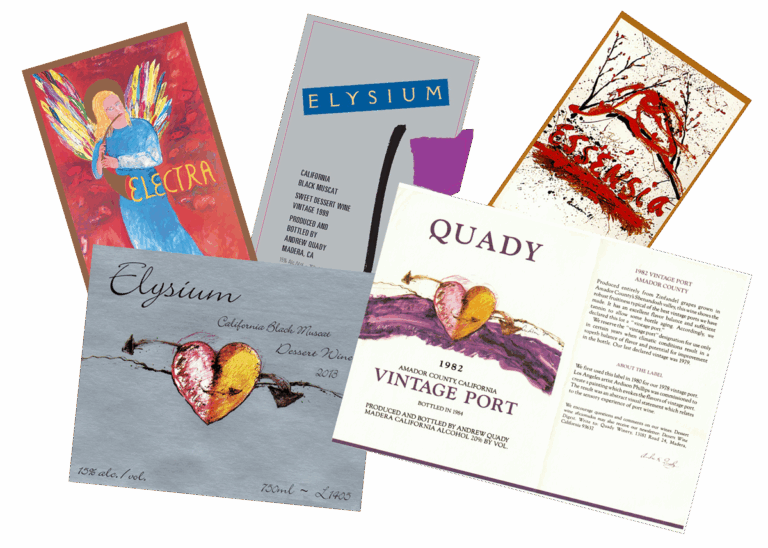 New and current Quady wine labels for Electra Moscato wine, Elysium Black Muscat Dessert wine, Essensia Orange Muscat Dessert wine, and 1982 Vintage Port Wine