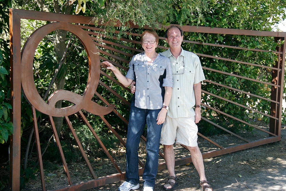 Laurel and Andy at the Quady Winery gate