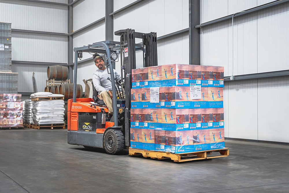 Electra Forklift at Quady Winery - transporting boxes of Electra Moscato