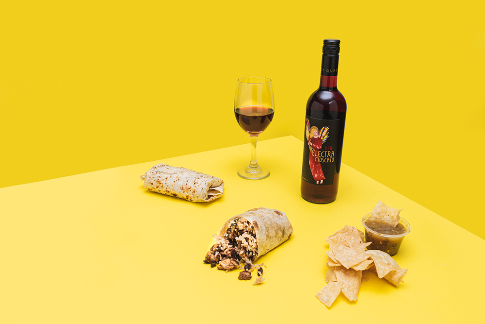 Takeout Food Pairing: Burrito with Red Electra and chips and salsa