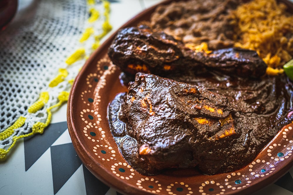 Chicken mole with beans and rice