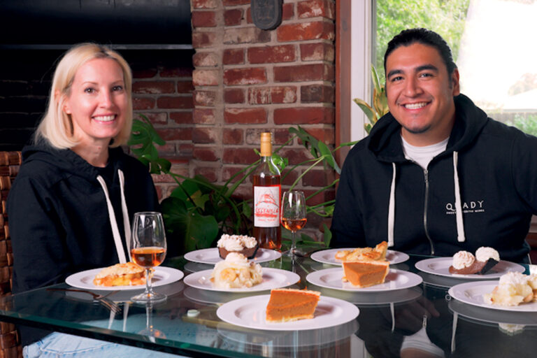 Chloe, Alex and plates with slices of pie plus Essensia