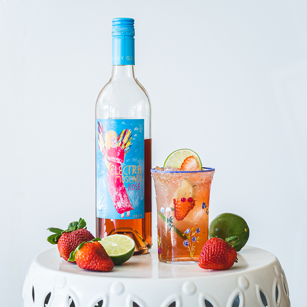 Electra Rosérita Margarita with strawberries and limes.